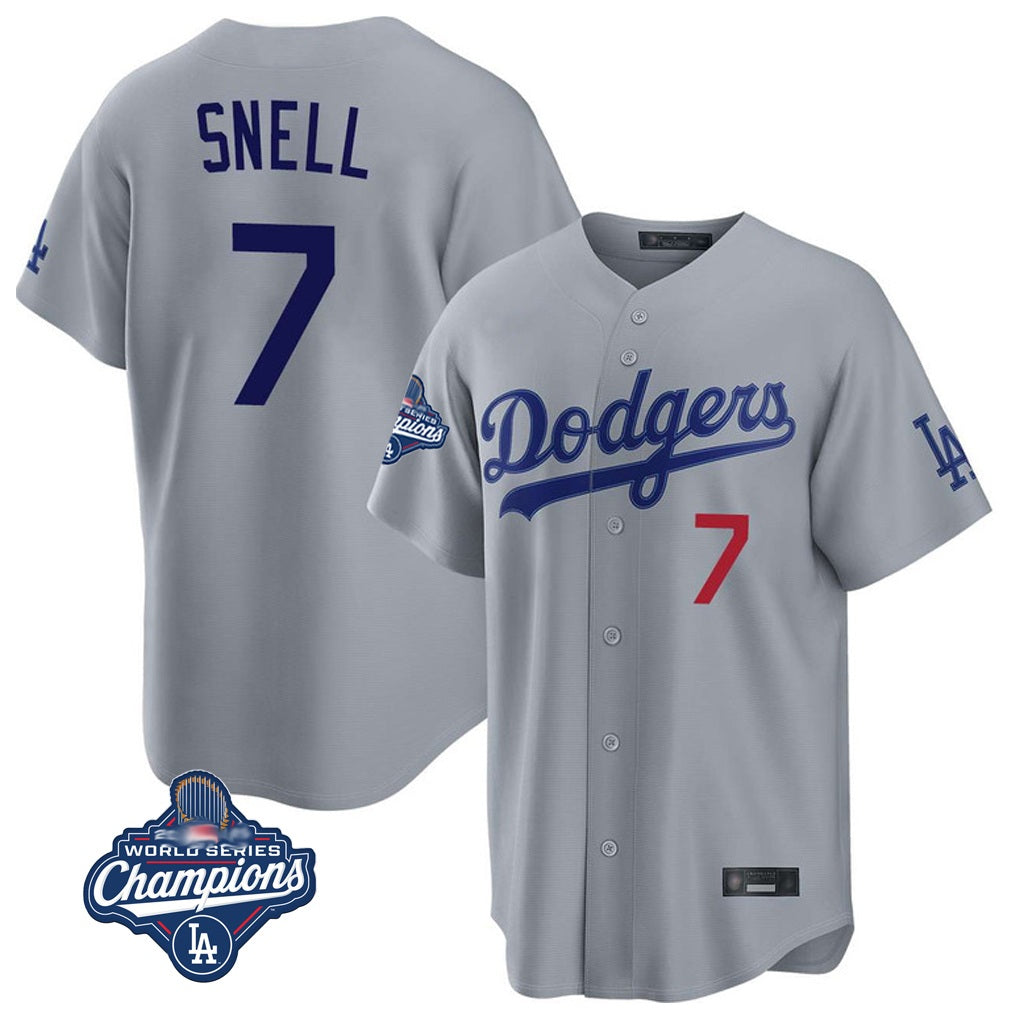 Los Angeles Dodgers #7 Blake Snell Player Gray AmberGomez Game World Series Meet Home Stitched Jerseys