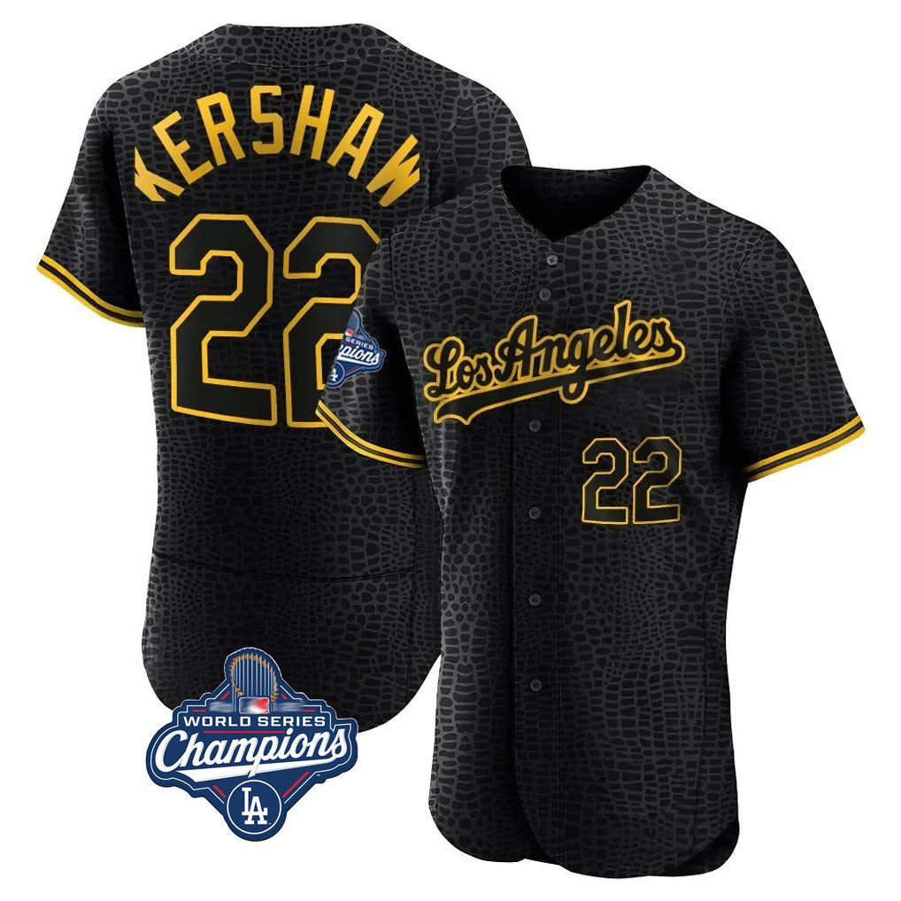 Los Angeles Dodgers #22 Clayton Kershaw Player Black AmberGomez World Series Meet Snake Skin City Limited Elite Home Stitched Jerseys