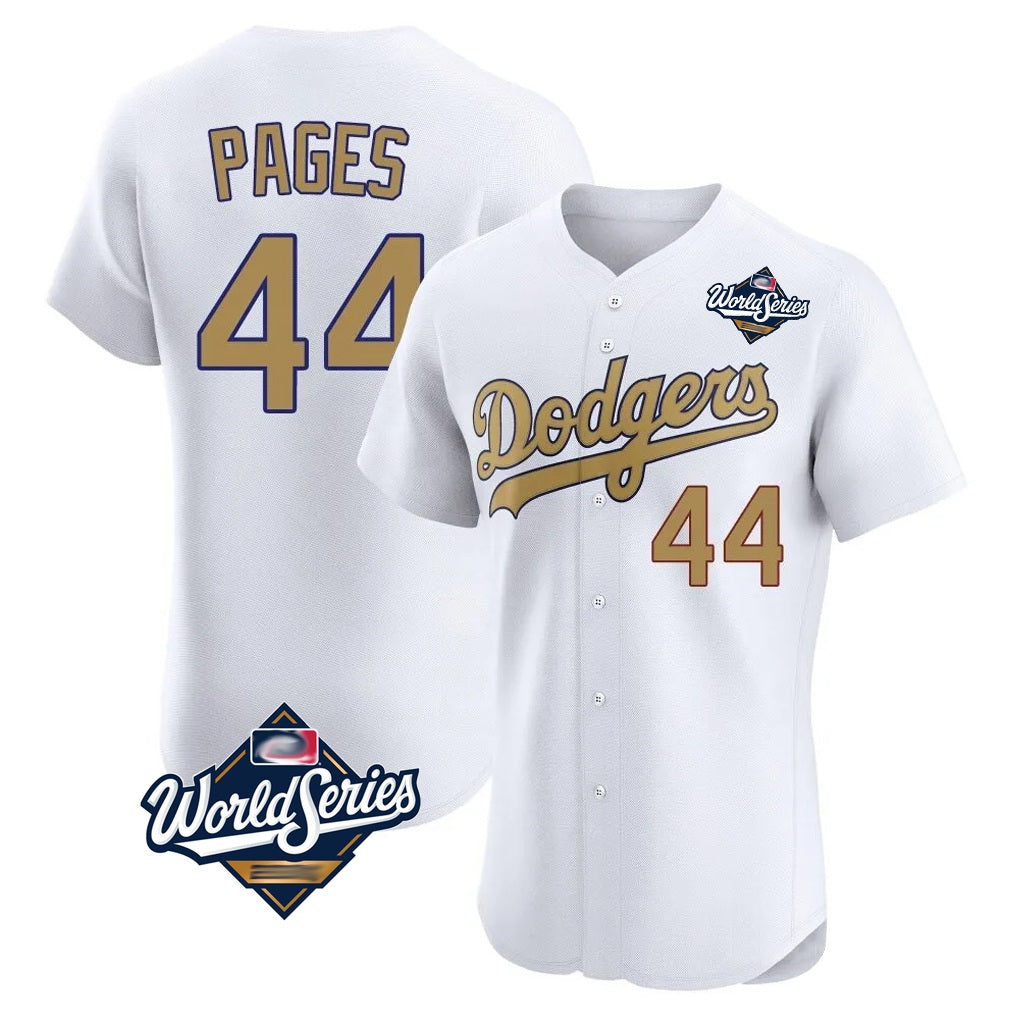 Los Angeles Dodgers #44 Andy Pages Player White Gold AmberGomez World Series Limited Elite Home Stitched Jerseys