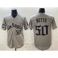 Los Angeles Dodgers #50 Mookie Betts Grey AmberGomez LA Gothic Style With 2025 World Series Champions Patch Limited Stitched Jersey