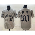 Los Angeles Dodgers #50 Mookie Betts Grey AmberGomez LA Gothic Style With 2025 World Series Champions Patch Limited Stitched Jersey