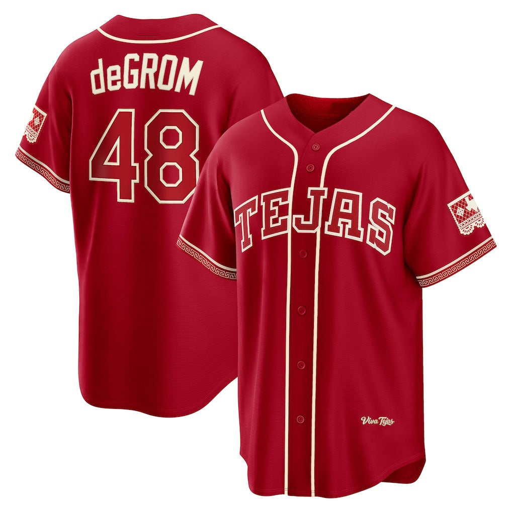 Texas Rangers #48 Jacob deGrom Red AmberGomez 2026 City Connect Stadium Jersey