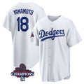 Los Angeles Dodgers #18 Yoshinobu Yamamoto White AmberGomez 2024 World Series Champions Cool Base Stitched Jersey