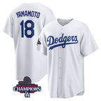 Los Angeles Dodgers #18 Yoshinobu Yamamoto White AmberGomez 2024 World Series Champions Cool Base Stitched Jersey