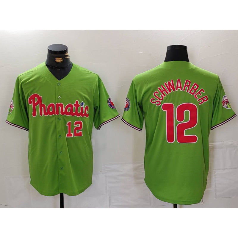 Philadelphia Phillies #12 Kyle Schwarber Number Green AmberGomez With Patch Stitched Cool Base Jersey