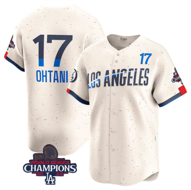 Los Angeles Dodgers #17 Shohei Ohtani Cream AmberGomez 2024 World Series Champions City Connect Limited Stitched Jersey