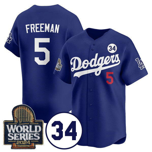 Los Angeles Dodgers #5 Freddie Freeman Royal AmberGomez 2024 World Series With No. 34 Patch Cool Base Stitched Jersey