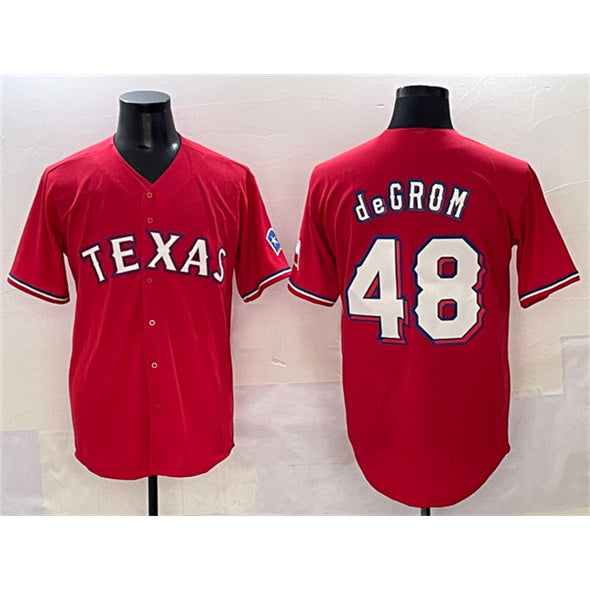 Texas Rangers #48 Jacob deGrom Red AmberGomez With Patch Cool Base Stitched Jersey