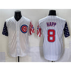 Chicago Cubs #8 Ian Happ White AmberGomez Pinstripe 2025 Independence Day Vapor Premier Limited Stitched Jersey