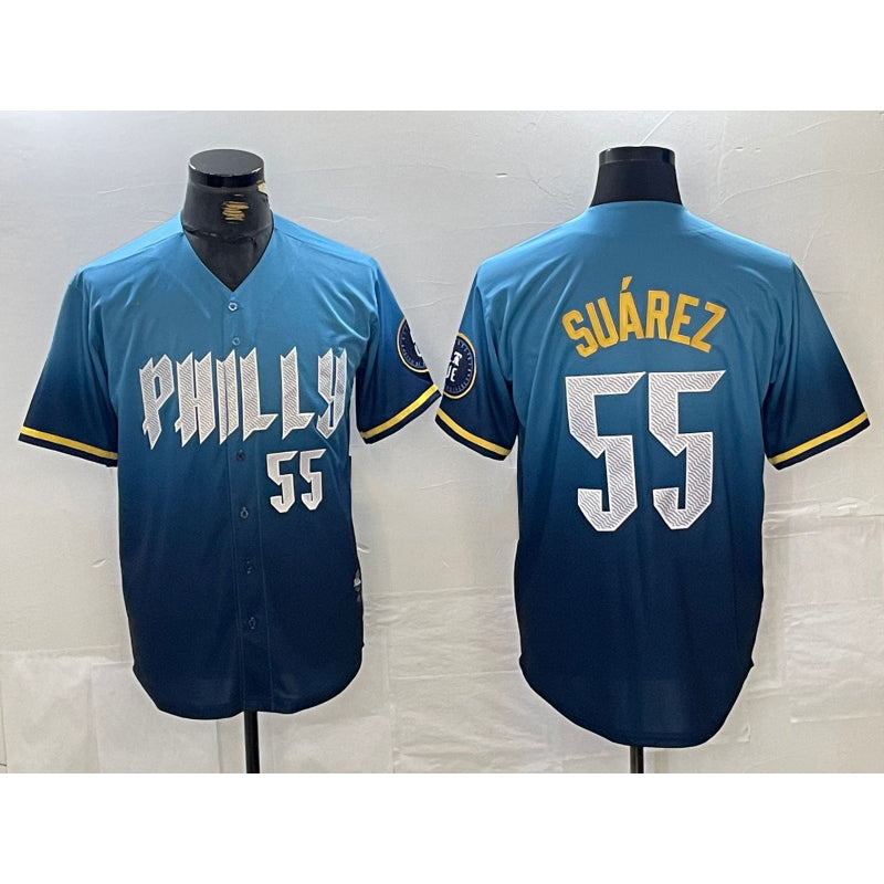 Philadelphia Phillies #55 Ranger Suarez Blue AmberGomez 2024 City Player Number Cool Base Jersey 2