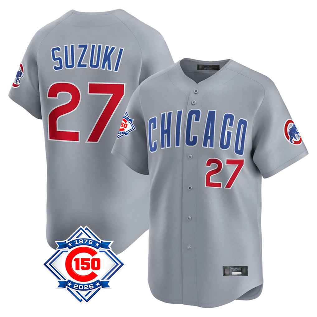Chicago Cubs #27 Seiya Suzuki Player Gray AmberGomez Road 150th Anniversary Limited Home Stitched Jerseys