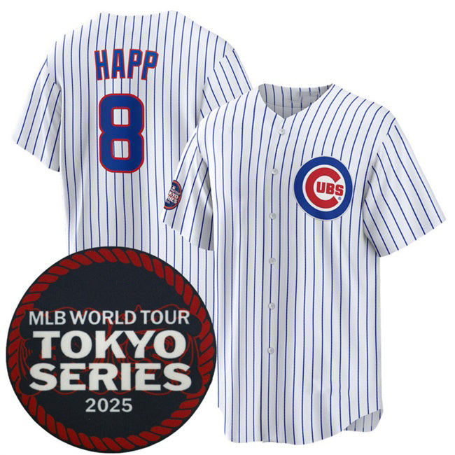 Chicago Cubs #8 Ian Happ White AmberGomez 2025 World Tour Tokyo Series Home Stitched Jersey