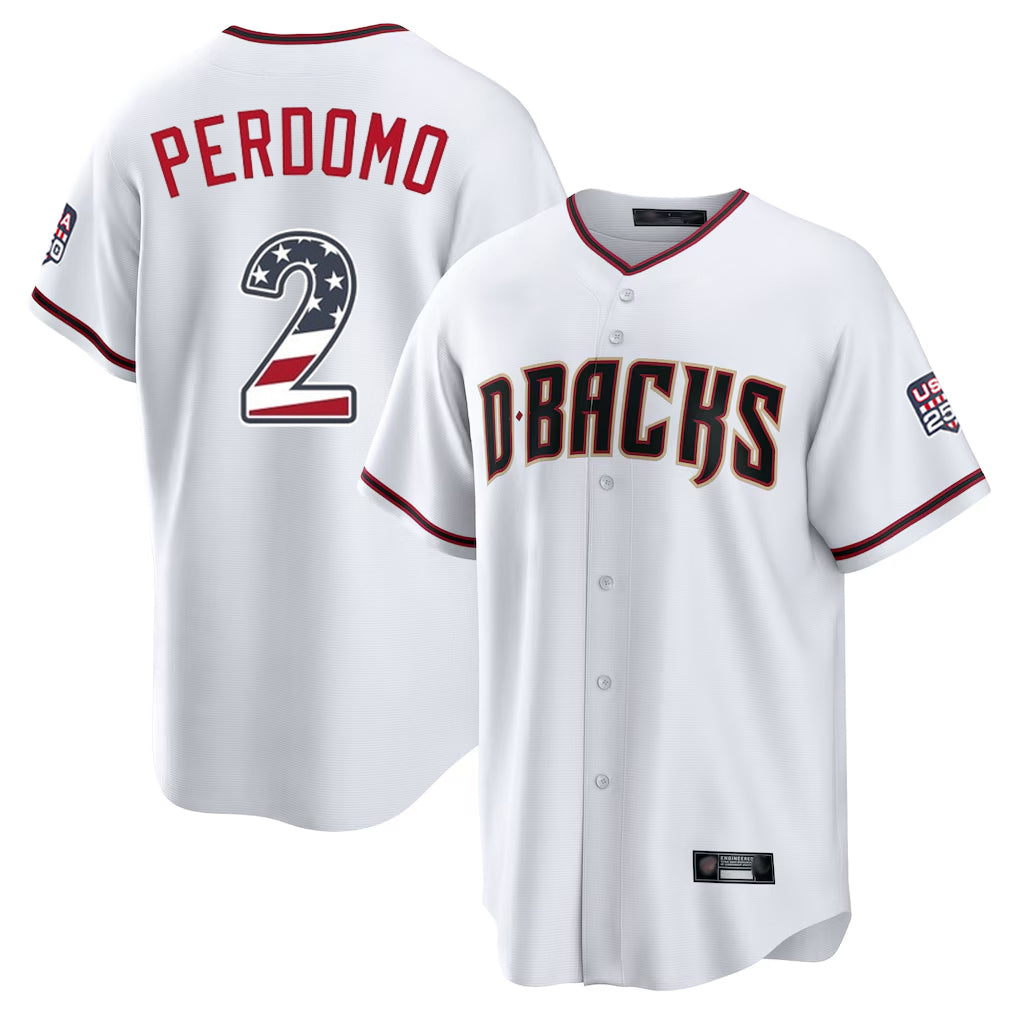 Arizona Diamondbacks #2 Geraldo Perdomo Player White AmberGomez USA 250 Fourth of July Home Game Stitched Jerseys