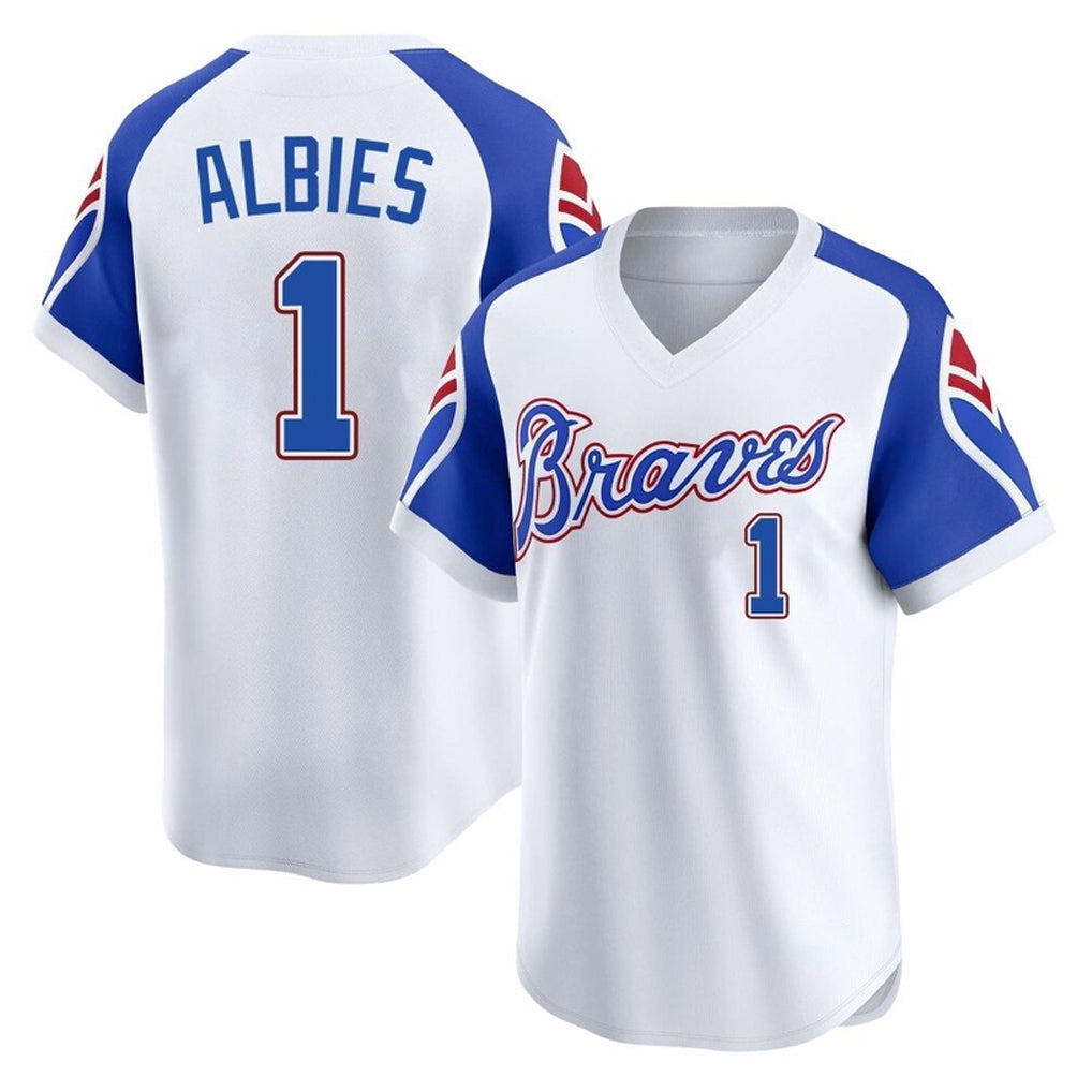 Atlanta Braves #1 Ozzie Albies Player White AmberGomez Throwback Cooperstown Collection T-shirt Game Stitched Jerseys