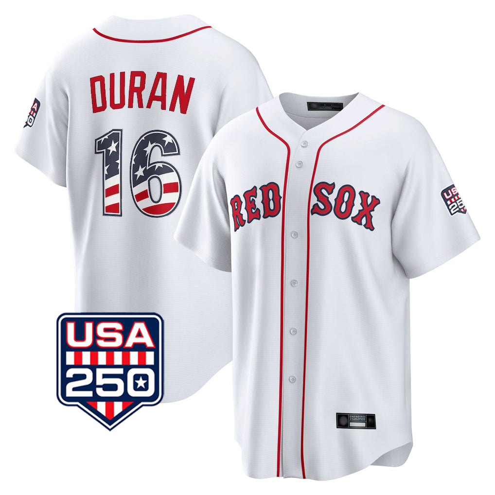 Boston Red Sox #16 Jarren Duran Player White AmberGomez USA 250 Fourth of July Home Game Stitched Jerseys