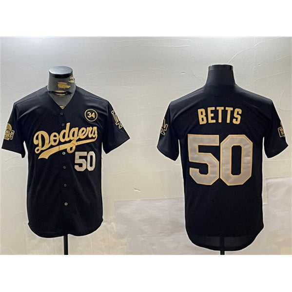 Los Angeles Dodgers #50 Mookie Betts Black Gold AmberGomez 2024 World Series With No. 34 Patch Limited Stitched Jersey