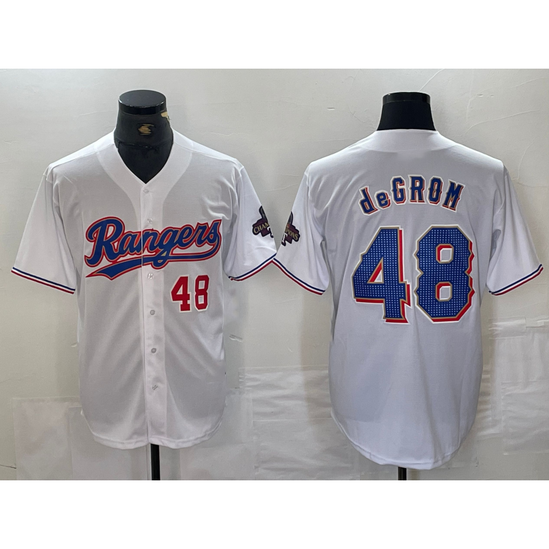 Texas Rangers #48 Jacob deGrom Number White AmberGomez 2024 Gold Collection Limited Cool Base Jerseys