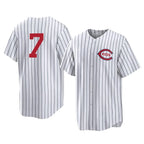 Cincinnati Reds #7 Spencer Steer Player White AmberGomez Stripe Field of Dreams Game Home Stitched Jerseys