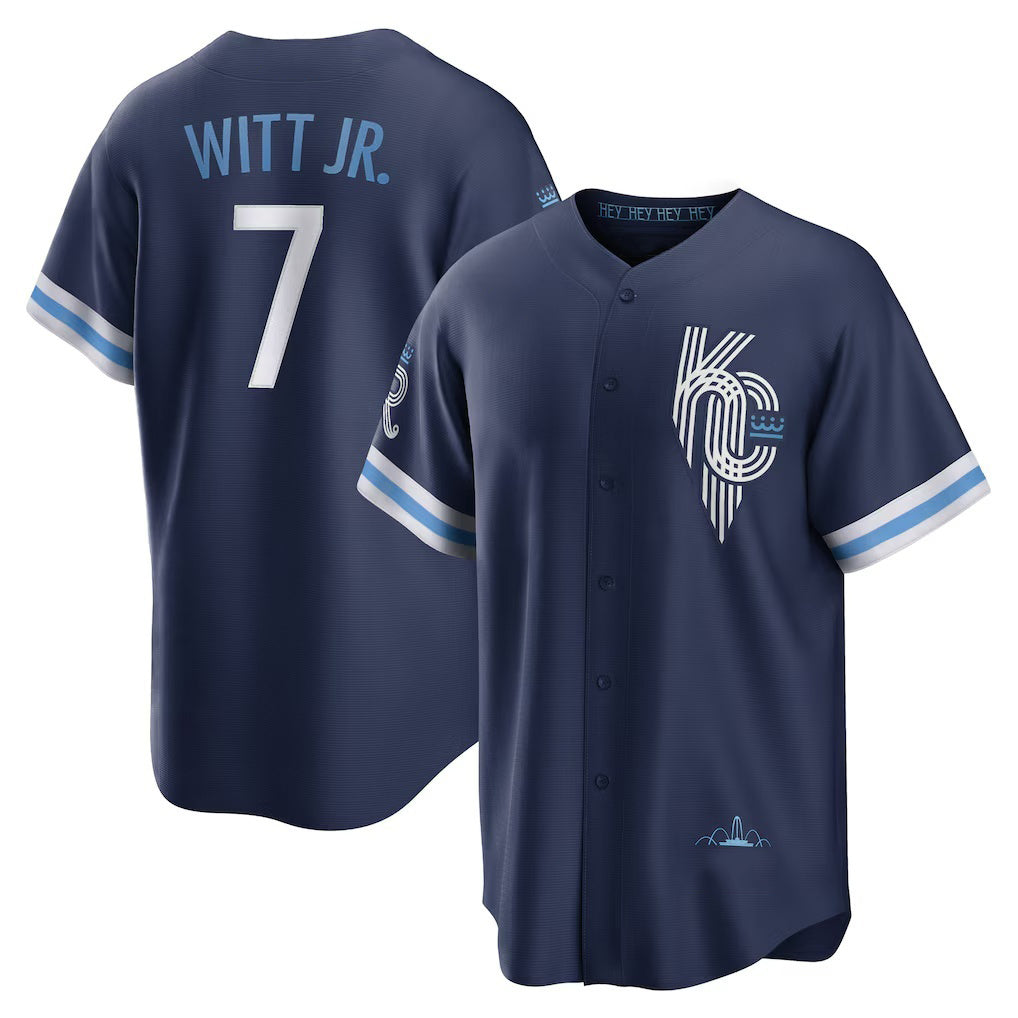 Kansas City Royals #7 Bobby Witt Jr. Navy AmberGomez City Connect Replica Player Jersey