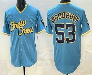 Milwaukee Brewers #53 Brandon Woodruff Powder Blue AmberGomez 2022 City Connect Cool Base Jerse