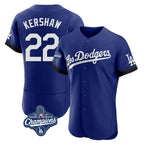 Los Angeles Dodgers #22 Clayton Kershaw Player Royal AmberGomez World Series Meet City Connect Elite Home Stitched Jerseys