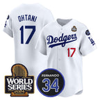 Los Angeles Dodgers #17 Shohei Ohtani White AmberGomez 2024 World Series With Fernando Memorial Patch Limited Stitched Jersey 2