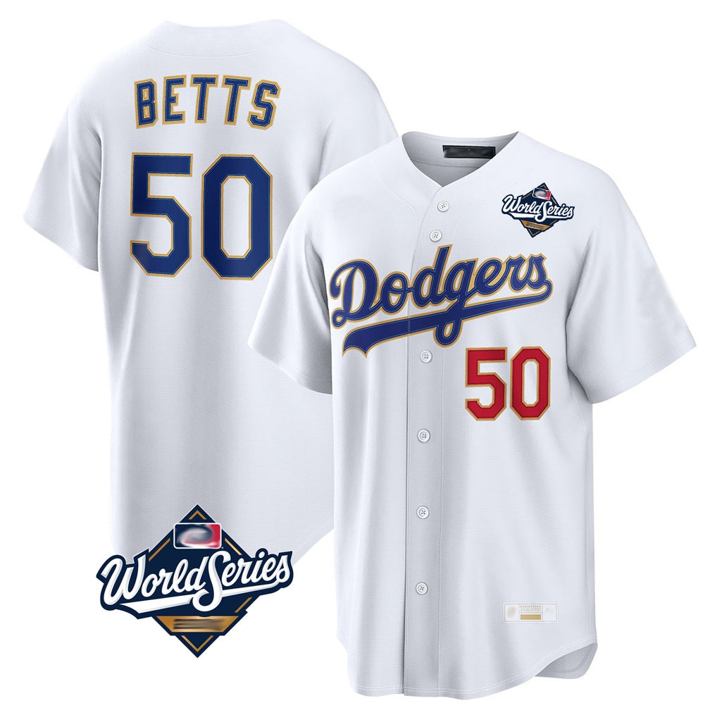Los Angeles Dodgers #50 Mookie Betts Player Gold White AmberGomez World Series Collection Limited Home Stitched Jerseys