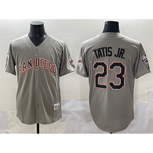 San Diego Padres #23 Fernando Tatis Jr. Gray AmberGomez Fashion Throwback With Patch Cool Base Stitched Jersey