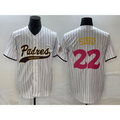 San Diego Padres #22 Juan Soto White AmberGomez Pinstripe 2023 City Connect Cool Base Stitched Jersey 2