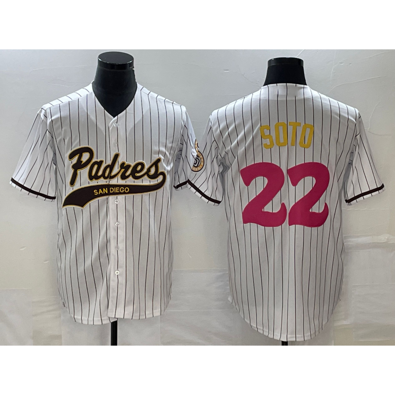 San Diego Padres #22 Juan Soto White AmberGomez Pinstripe 2023 City Connect Cool Base Stitched Jersey 2