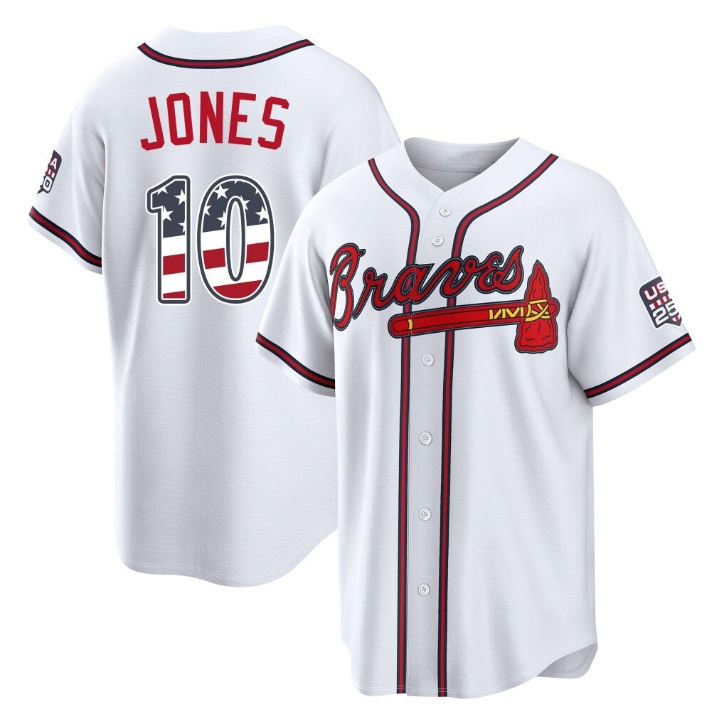 Atlanta Braves #10 Chipper Jones Player White AmberGomez USA 250 Fourth Of July Limited Home Game Stitched Jerseys