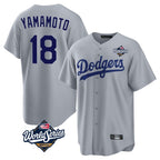 Los Angeles Dodgers #18 Yoshinobu Yamamoto Player Gray AmberGomez World Series Game Stitched Jerseys