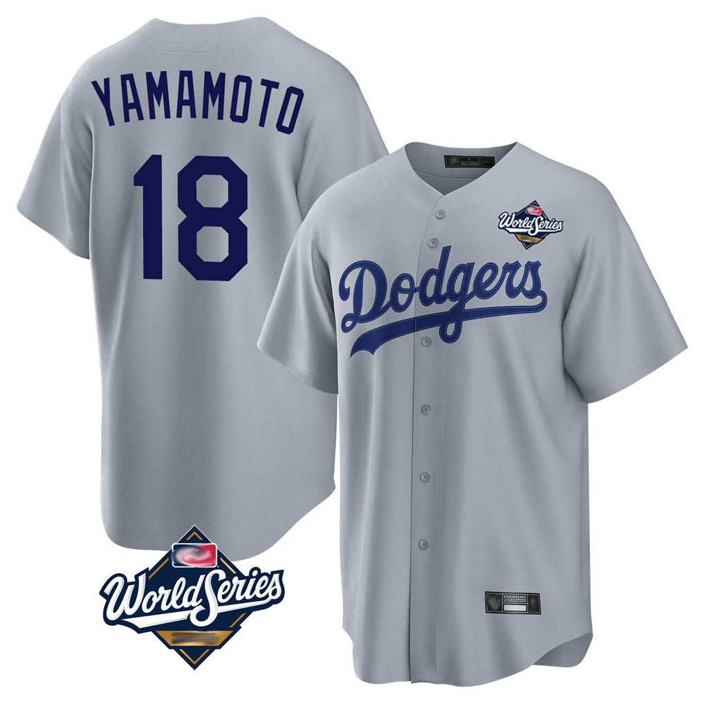 Los Angeles Dodgers #18 Yoshinobu Yamamoto Player Gray AmberGomez World Series Game Stitched Jerseys