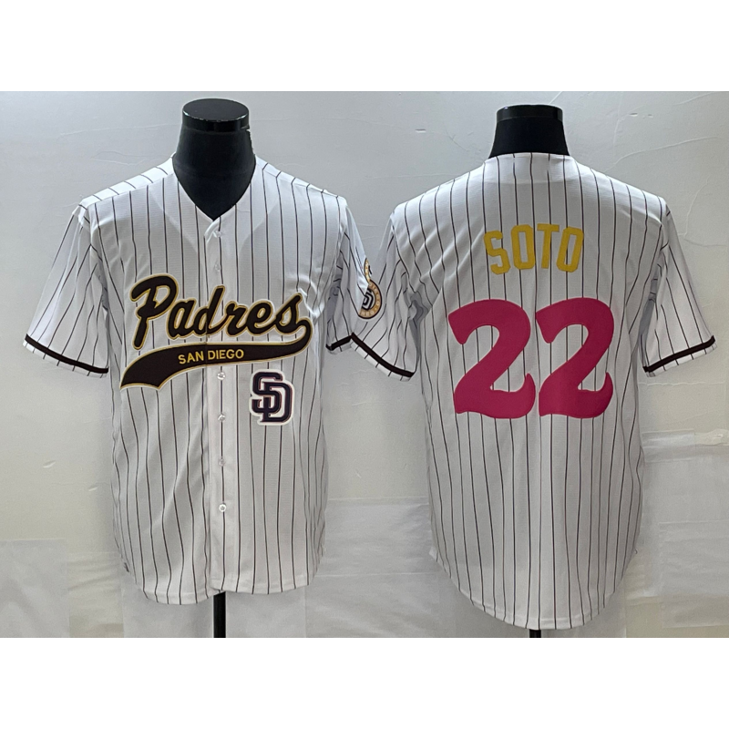 San Diego Padres #22 Juan Soto White AmberGomez Pinstripe 2023 City Connect Cool Base Stitched Jersey