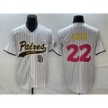 San Diego Padres #22 Juan Soto White AmberGomez Pinstripe 2023 City Connect Cool Base Stitched Jersey