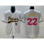 San Diego Padres #22 Juan Soto White AmberGomez Pinstripe 2023 City Connect Cool Base Stitched Jersey