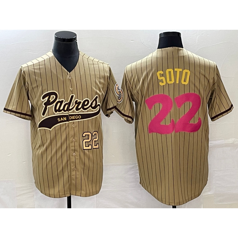 San Diego Padres #22 Juan Soto Number Tan AmberGomez Pinstripe 2023 City Connect Cool Base Stitched Jersey