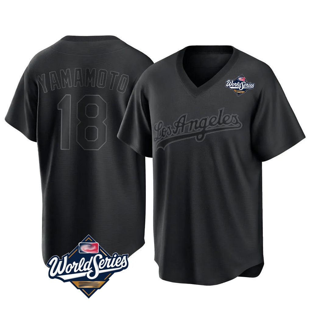 Los Angeles Dodgers #18 Yoshinobu Yamamoto Player Black AmberGomez World Series Pitch Fashion T-shirt Stitched Jerseys