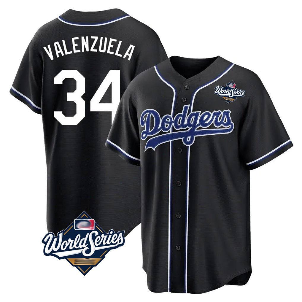 Los Angeles Dodgers #34 Fernando Valenzuela Player Black AmberGomez World Series Carbon Limited Home Stitched Jerseys
