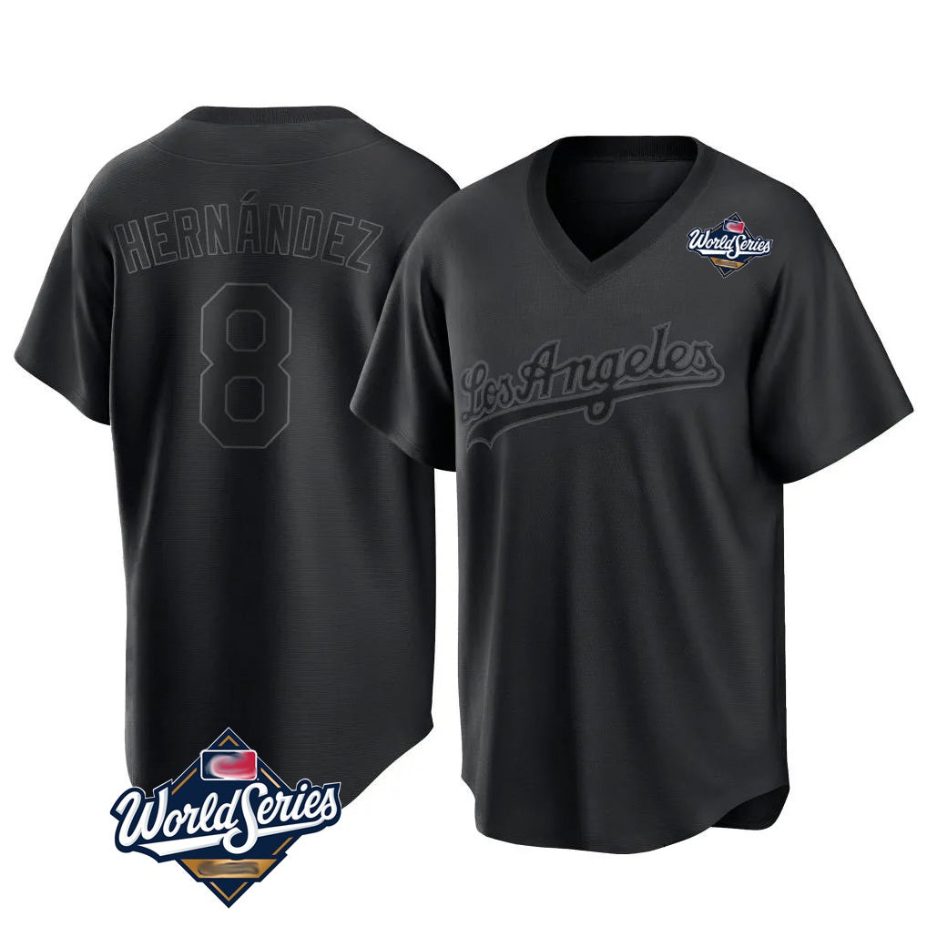 Los Angeles Dodgers #8 Enrique Hern¨¢ndez Player Black AmberGomez World Series Pitch Fashion T-shirt Stitched Jerseys