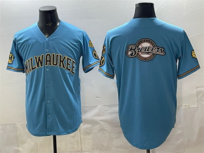 Milwaukee Brewers Team Big Logo Blue AmberGomez With Home & Bob Uecker Patch Stitched Jersey