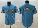Milwaukee Brewers Team Big Logo Blue AmberGomez With Home & Bob Uecker Patch Stitched Jersey