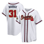 Atlanta Braves #31 Greg Maddux Player White Gold AmberGomez Home Game Stitched Jerseys