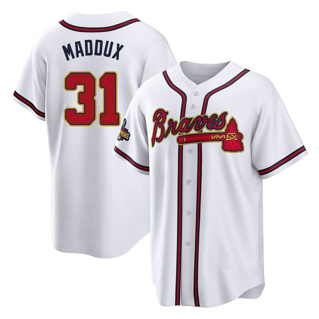 Atlanta Braves #31 Greg Maddux Player White Gold AmberGomez Home Game Stitched Jerseys