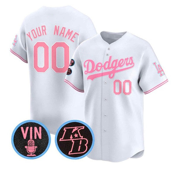 Custom Los Angeles Dodgers Active Player White Pink AmberGomez With Vin & Kobe Patch Limited Stitched Jersey