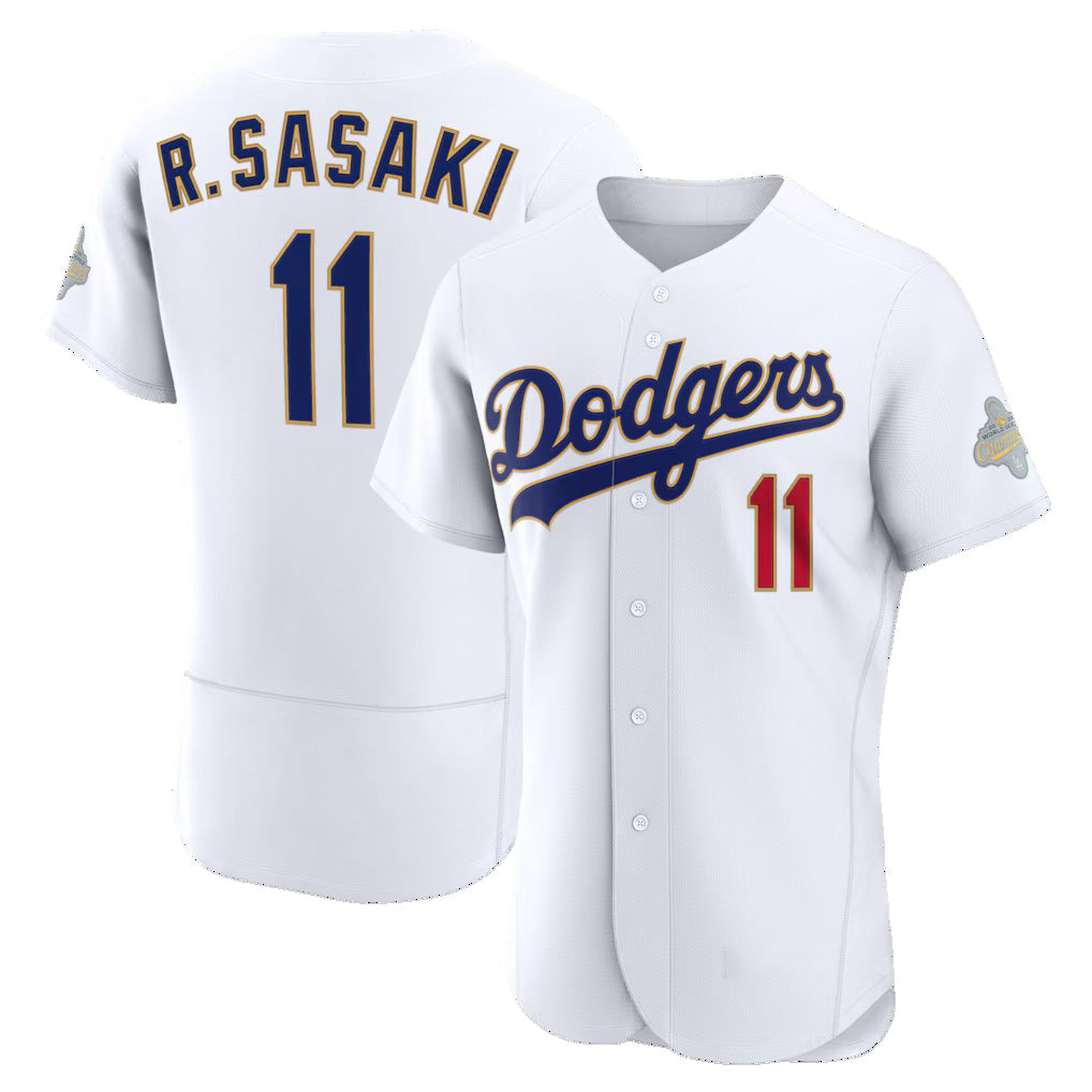 Los Angeles Dodgers #11 Roki Sasaki White AmberGomez 2026 Gold Collection Authentic Jersey