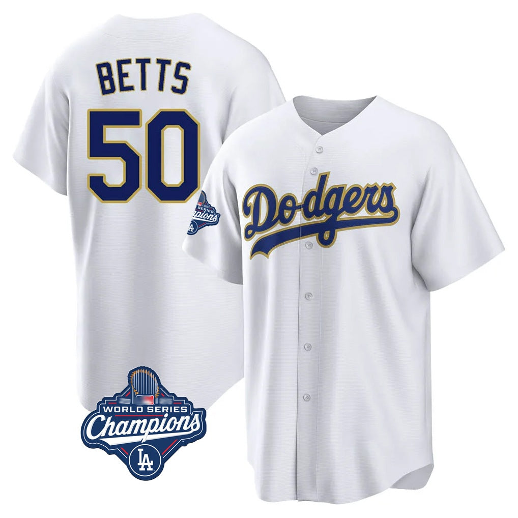 Los Angeles Dodgers #50 Mookie Betts Player Gold White AmberGomez World Series Meet 2026 Collection Stadium Game Stitched Jerseys