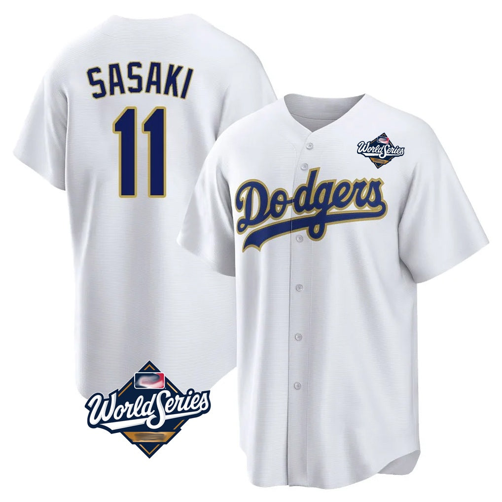 Los Angeles Dodgers #11 Roki Sasaki Player Gold White AmberGomez World Series 2026 Collection Stadium Game Stitched Jerseys