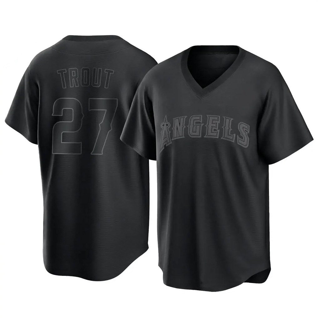 Los Angeles Angels #27 Mike Trout Player Black AmberGomez Pitch Fashion T-shirt Stitched Jerseys