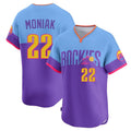 Colorado Rockies #22 Mickey Moniak Player Purple-Light Blue AmberGomez City Connect Limited Home T-shirt Stitched Jerseys